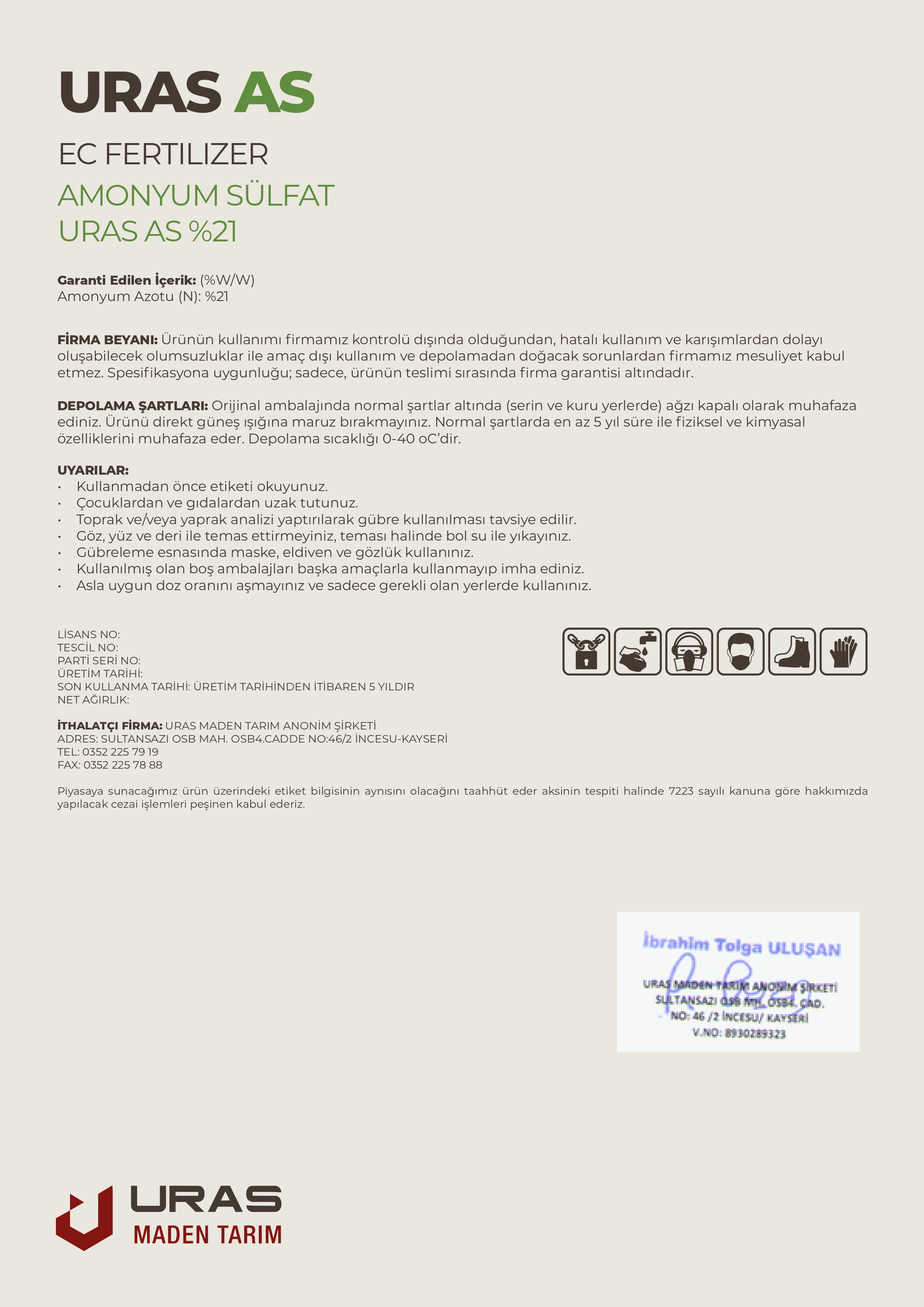 Uras AS Ürün Etiketi Arka Yüz